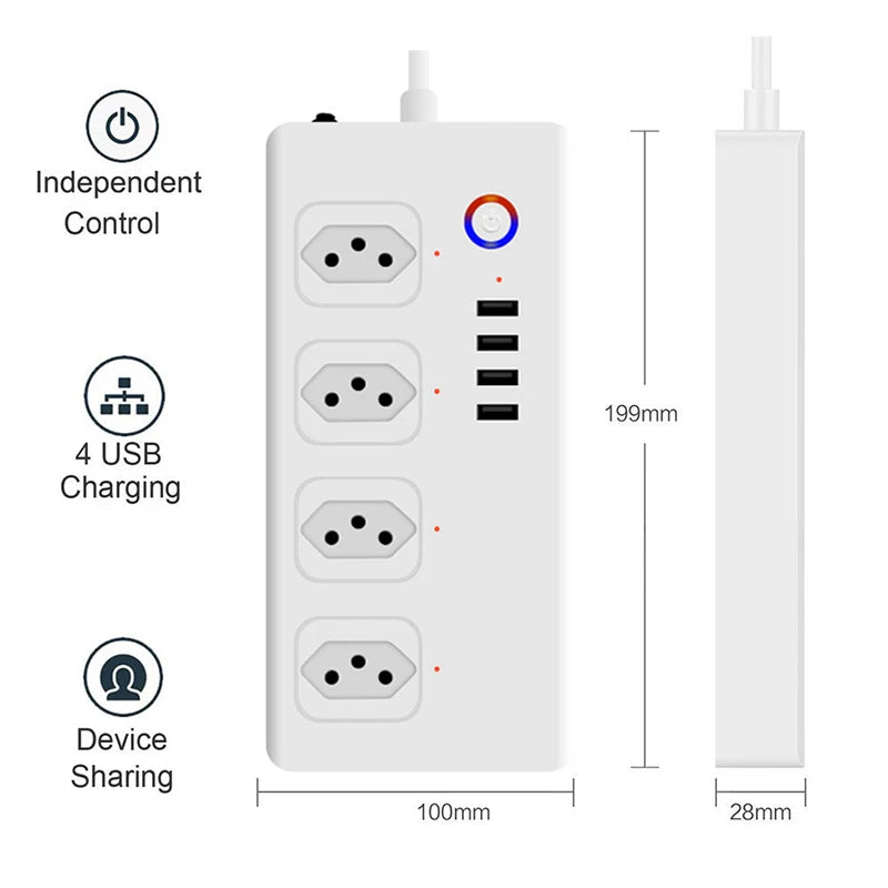 Regleta Inteligente WiFi Tuya - 4 Tomacorrientes y 4 Puertos USB