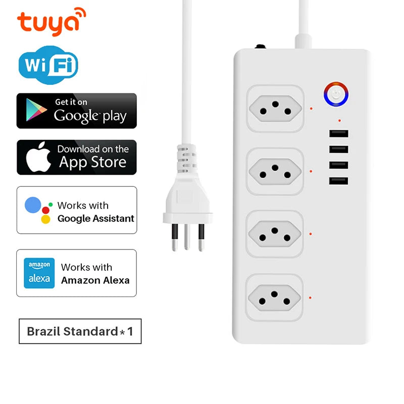 Regleta Inteligente WiFi Tuya - 4 Tomacorrientes y 4 Puertos USB