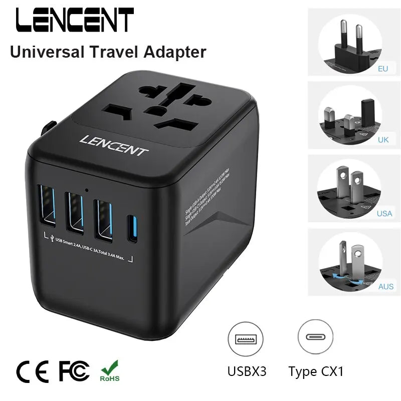 Adaptador de Viaje Universal LENCENT - Con 3 Puertos USB y Tipo-C